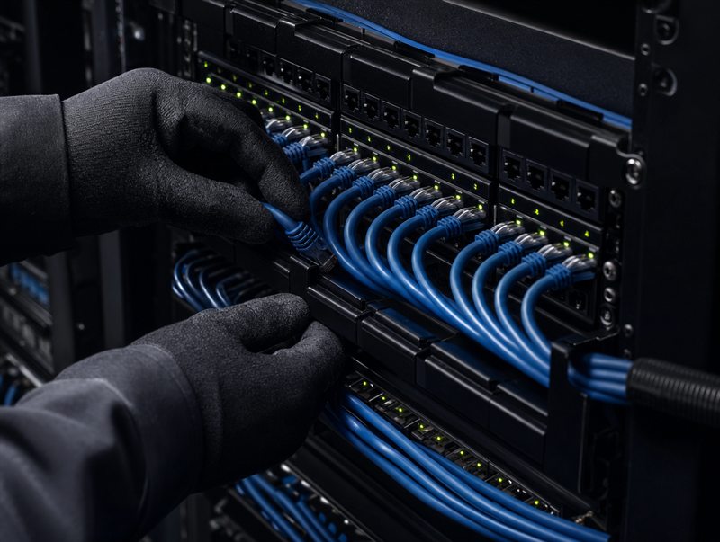 ช่างกำลังเข้าสายแลนเข้ากับ Patch Panel ในตู้แร็ค